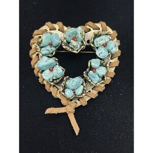 VTG Faux Turquoise Heart Brooch Gold Tone Metal Leather Accent Boho Pin